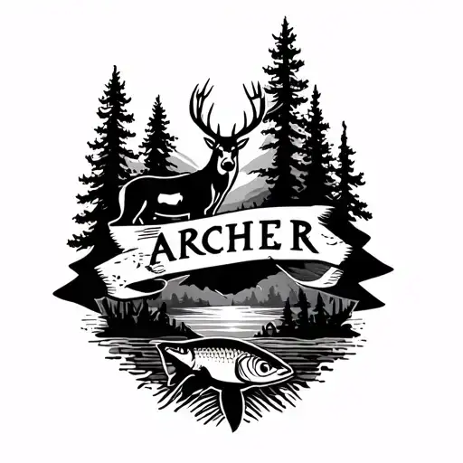 Inner forearm tattoo that says Archer with pine trees in background with a deer on left of tattoo and fish on right of t tattoo design idea