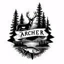 Inner forearm tattoo that says Archer with pine trees in background with a deer on left of tattoo and fish on right of t tattoo design idea