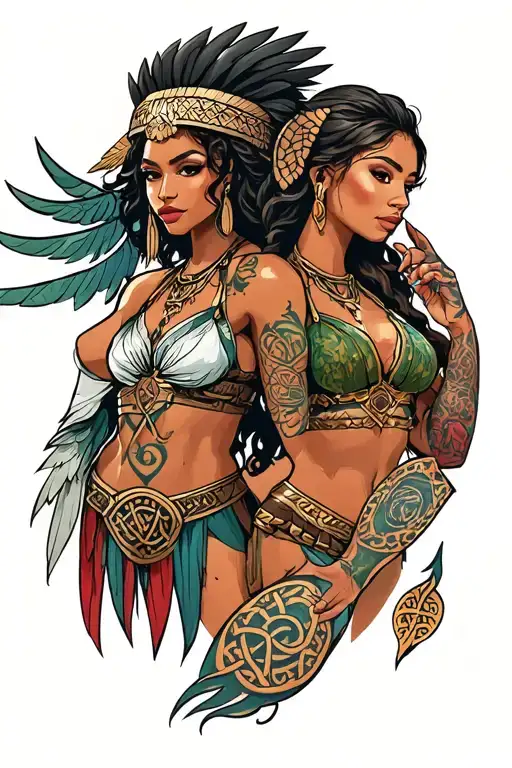 African Valkyrie & celtic valkyrie warrior woman holding tattoo design idea