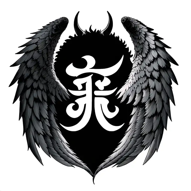 One Angel wing and one Devil Wing and in the middle there is this sing "神" tattoo design idea