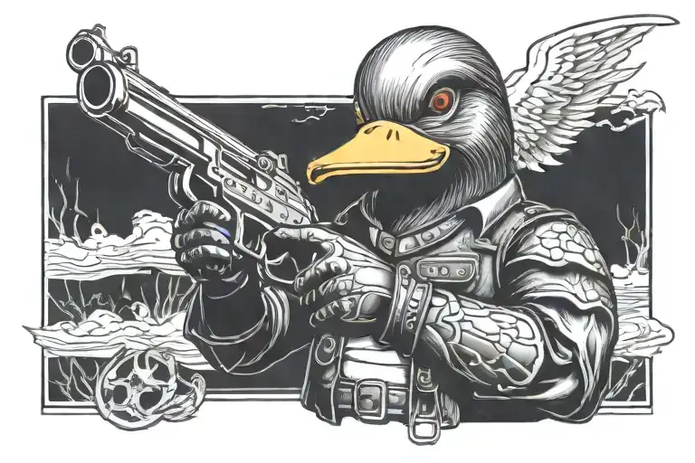 Badass Iron Duck holding a gun tattoo design idea
