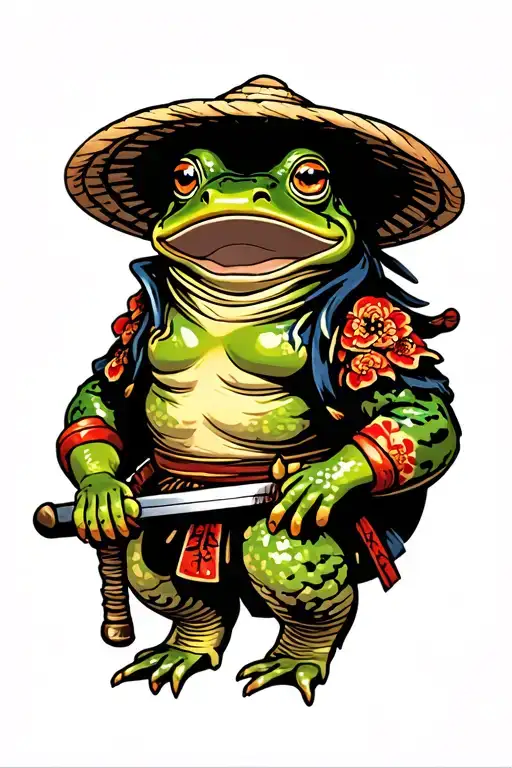japanese style samurai frog wearing a straw hat and has a samurai sword and also smoking tattoo design idea