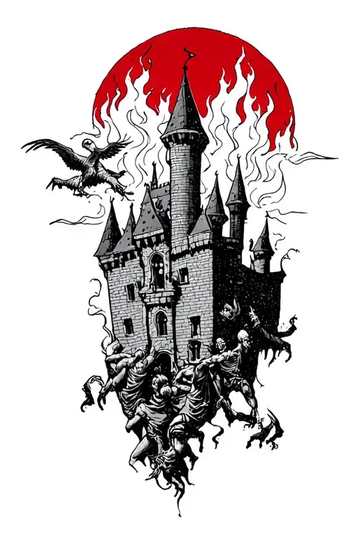 damned souls climbing towards a burning castle and a red sun on top tattoo design idea