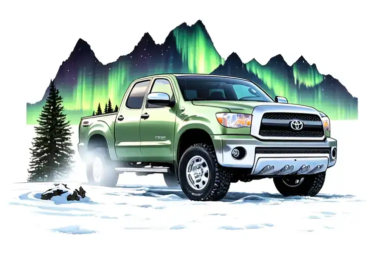 Northern lights shining behind a 2002 Toyota tundra parked in front of a mountain  tattoo design idea