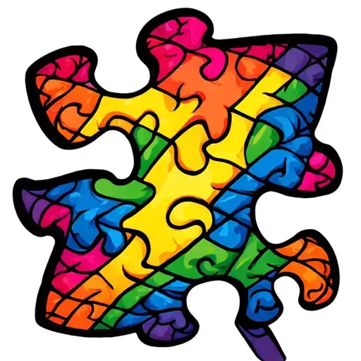 rainbow autism puzzle piece and brain wrapped with blueish purple TSC ribbon tattoo design idea
