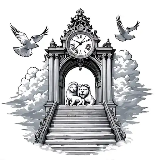Heaven gates with clouds and staircase with a nice lion and lamb cuddling  with doves flying with an old clock in clouds tattoo design idea