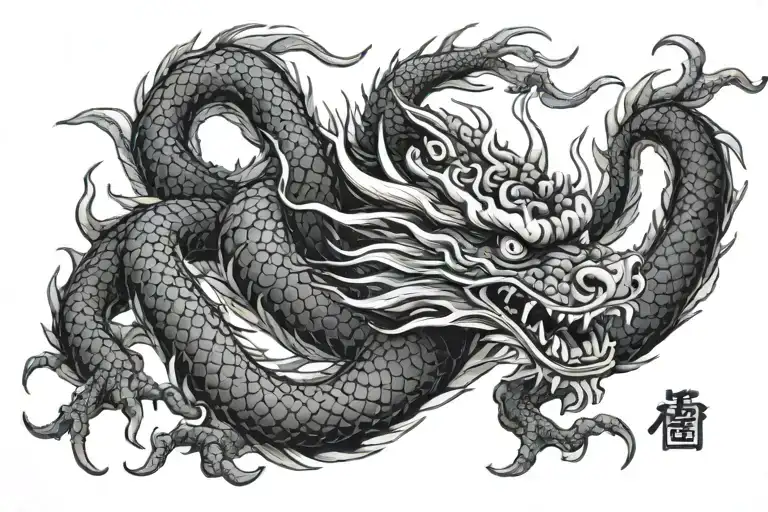 black Japan dragon with long body and realistic eyes without wings tattoo design idea