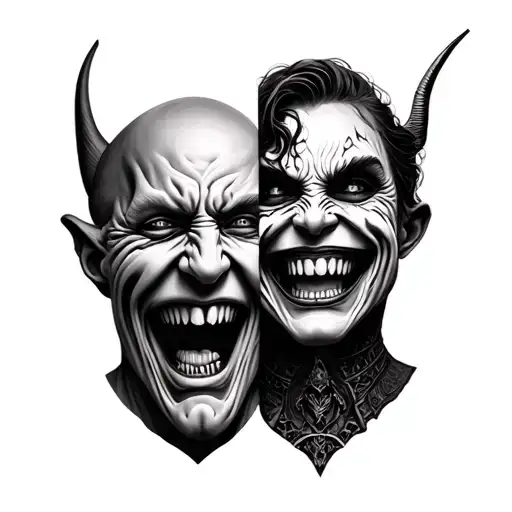 Two faces merged together, both smiling and have demonic faces. 4k, gothic art, gustav dore style tattoo design idea