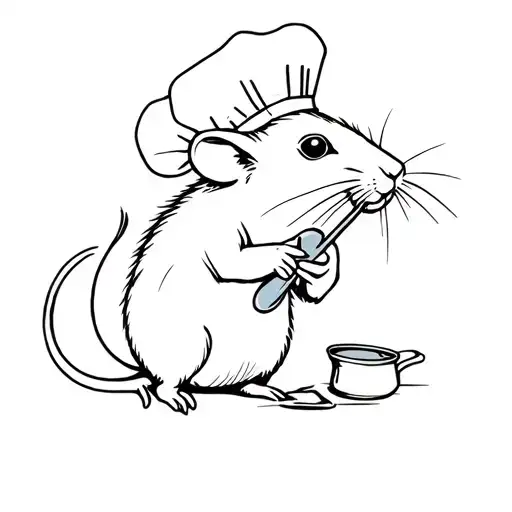 a rat holding a spoon and cooking pot with a chefs hat, fineline tattoo tattoo design idea