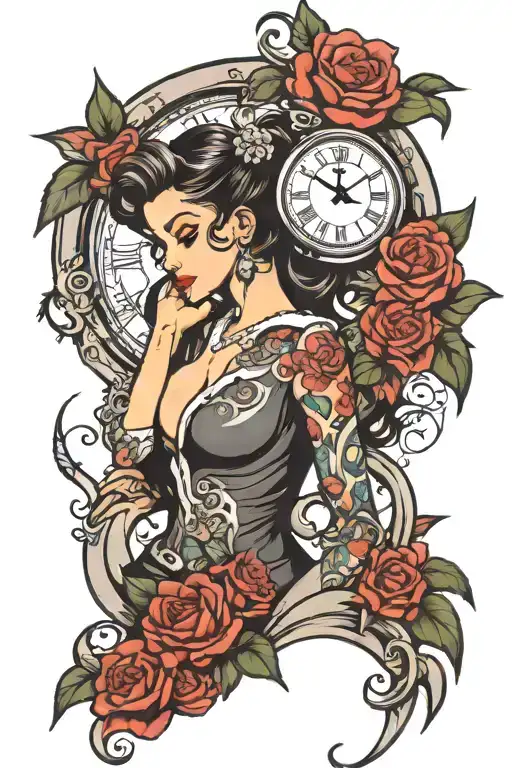 clock face pinup woman tattoo design idea