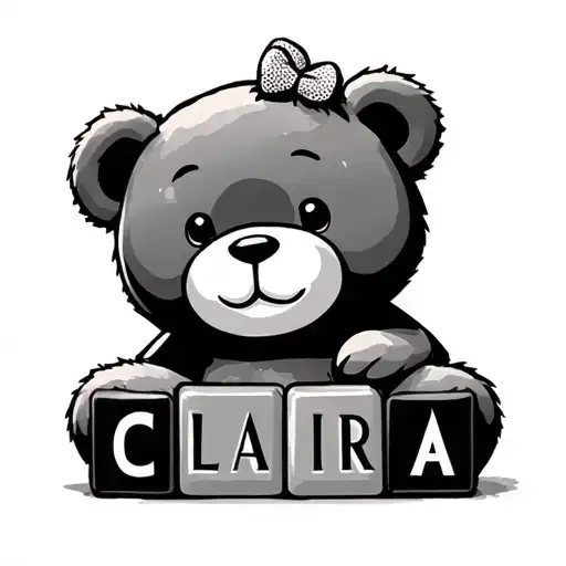 Teddy bear holding block letters spelling Claira tattoo design idea