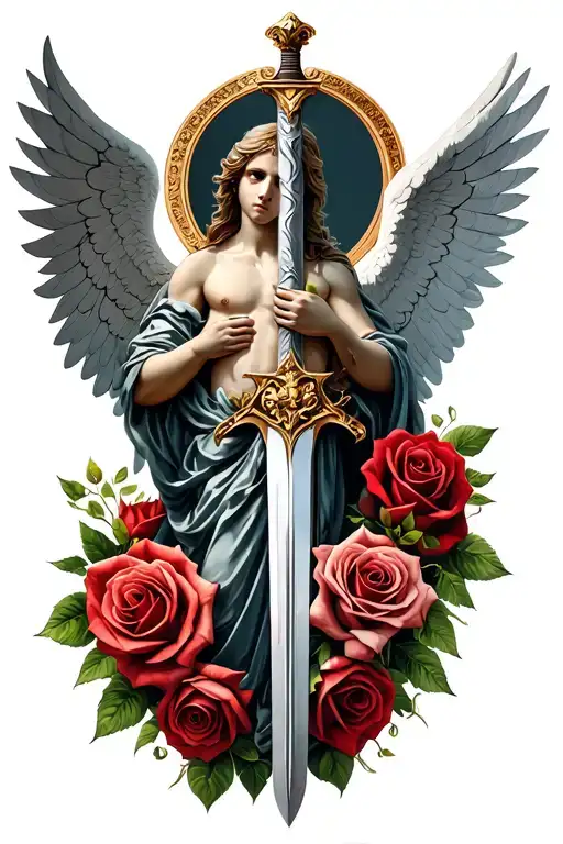 micheal arch angel with sword wrapped in roses intertwined tattoo design idea