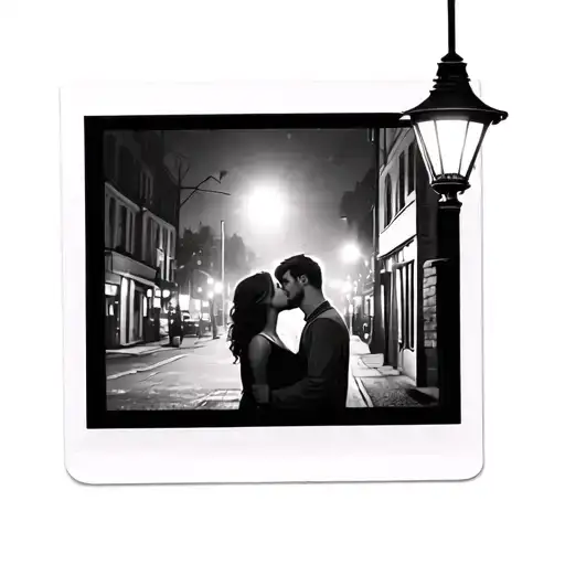 Inspired by photograph by Ed Sheeran, Polaroid with a couple kissing under a lamp in the street at night. tattoo design idea