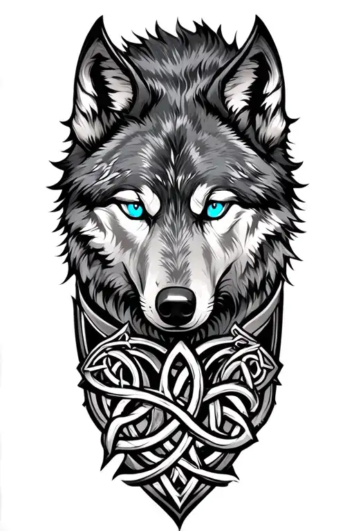 wolf with blue eyes on armor design featuring Celtic trinity knot  tattoo design idea