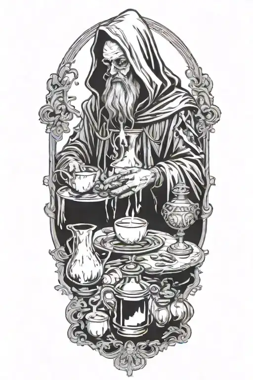 Hodded alchemist performing ritual, tarot cards, beakers, candles tattoo design idea