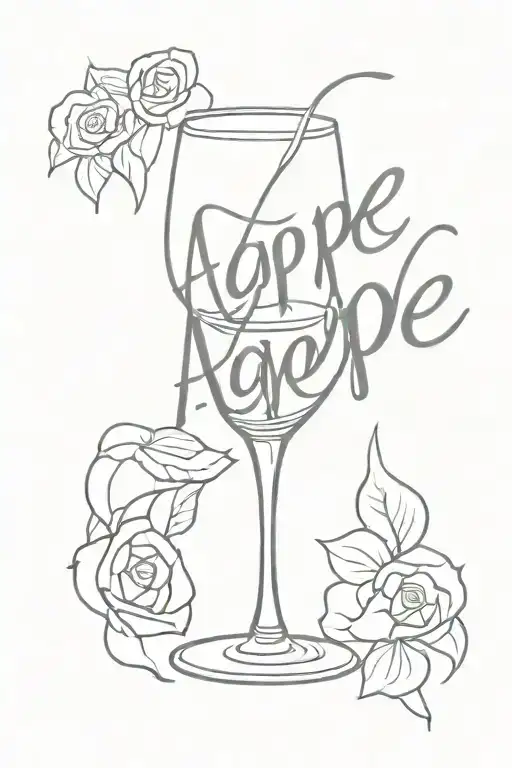 glass of wine with the word "Agape" in Barbie font tattoo design idea