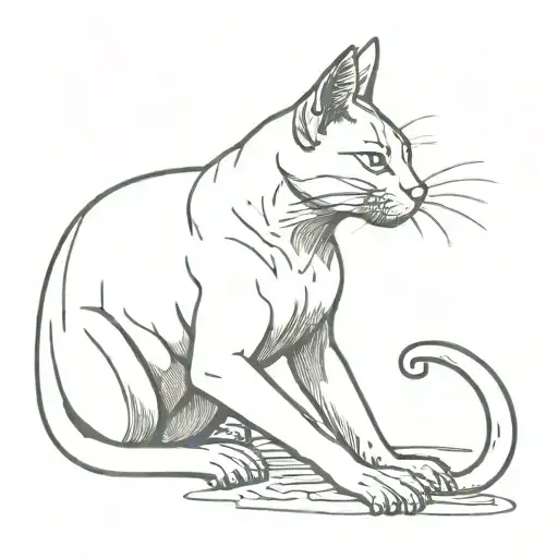 The black cat sphinx walks like a gargoyle. he smokes a pipe. There is a dead rat in the left paw. There is a dead crow  tattoo design idea