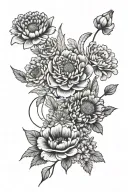 poppy, chrysanthemum, honeysuckle, carnation bouquet tattoo design idea