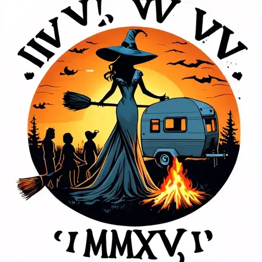 "IV V MMXIV" "IV V MMXIV" silhouette of busty sexy witch bride on broomstick over a campsite with a trailer and campfire with children & dog tattoo design idea