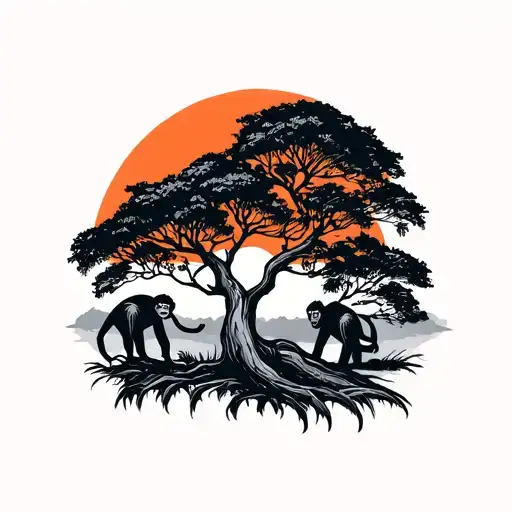 monkeys in a tree on a safari sunset with trees tattoo design idea