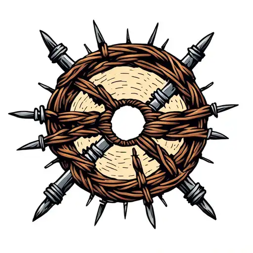 circle barbed wire with 5 barb for knee with railroad spikes tattoo design idea