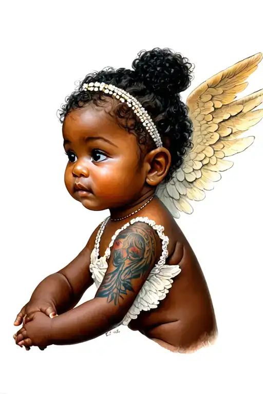 "african american " girl baby angel tattoo design idea