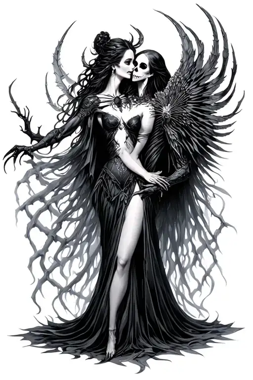 Arachne, vampire goddess, and Azrael, Grim Reaper, intertwined in a delicate, whimsical dance. Arachne's ethereal beauty tattoo design idea