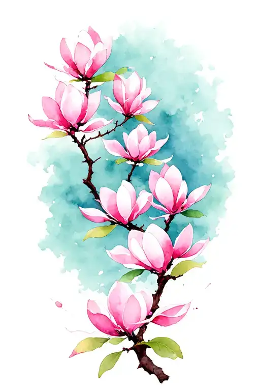 A Japanese-inspired illustration featuring a delicate branch adorned with vertically arranged soft pink magnolia blossom tattoo design idea
