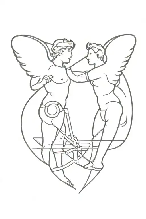 Two Cupids standing with their backs to each other with machines crossed tattoo design idea