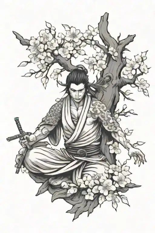 Samarai with cherry blossom tree and a shrine guardians infront tattoo design idea