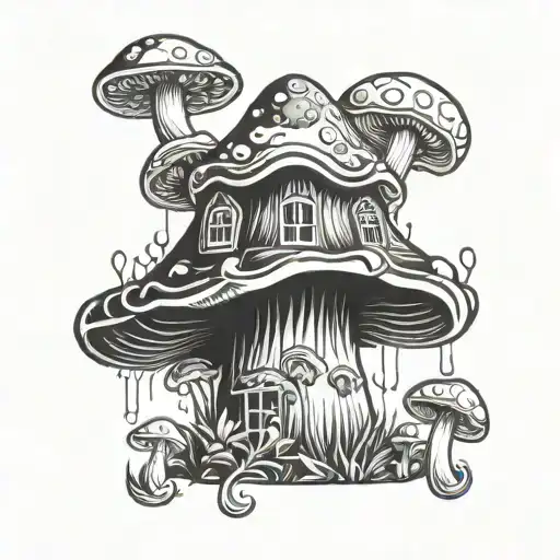 trippy Mushroom house tattoo design idea