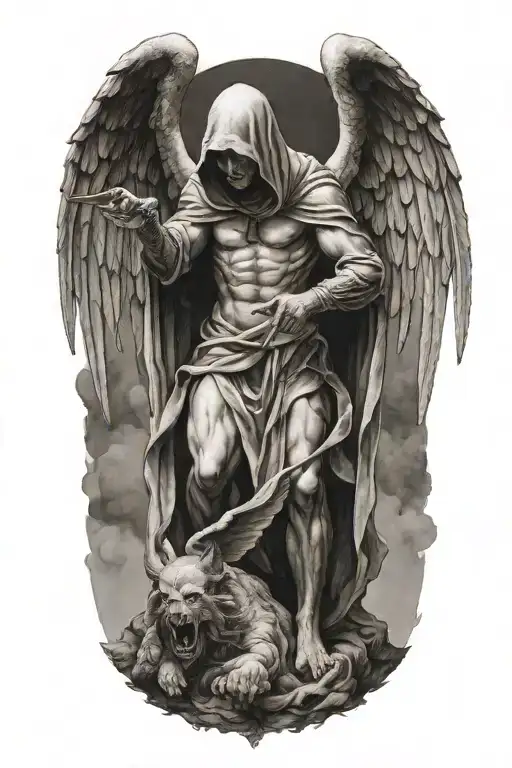 Hooded Angel defeting a devil tattoo design idea