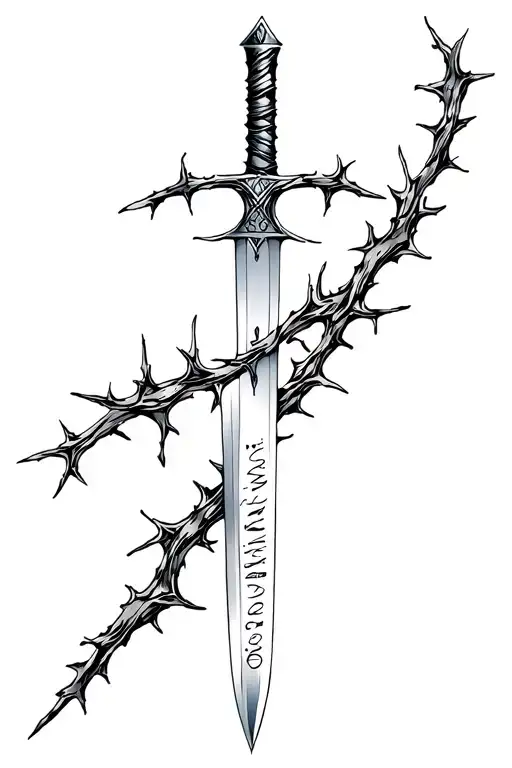 broken sword wrapped in thorns with Psalms 73:26 on the blade on a back tattoo design idea