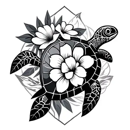geometric design incorporating turtles and hawaiian flowers tattoo design idea