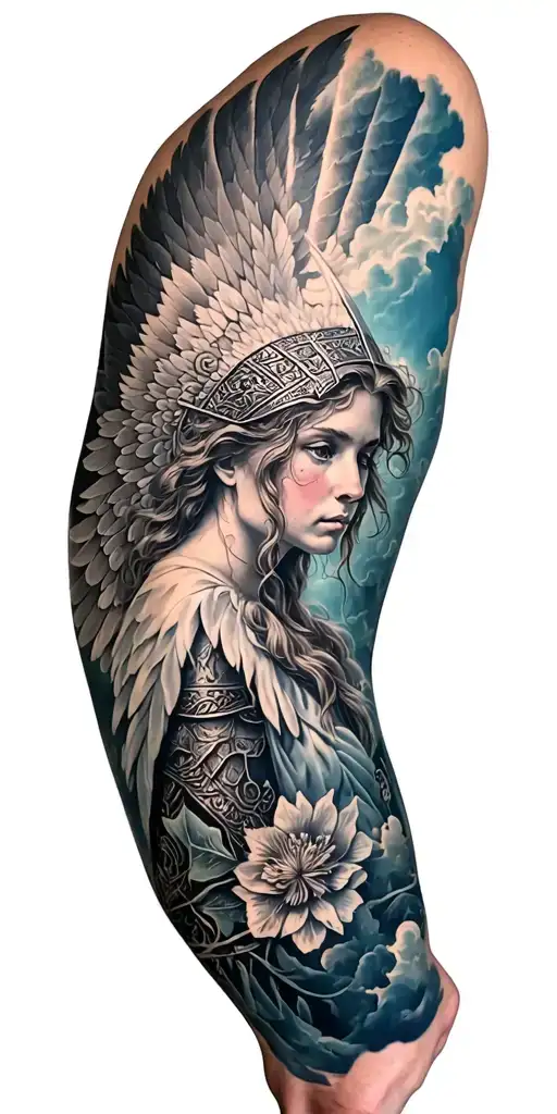 Meaningful warrior angel, Norse Valkyrie, clouds, rays, floral patterns, Norse cross tattoo design idea