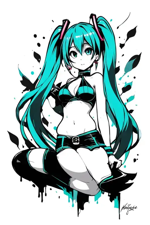 design me a blackwork style tattoo of the character Hatsune miku full body in some dynamic position tattoo design idea