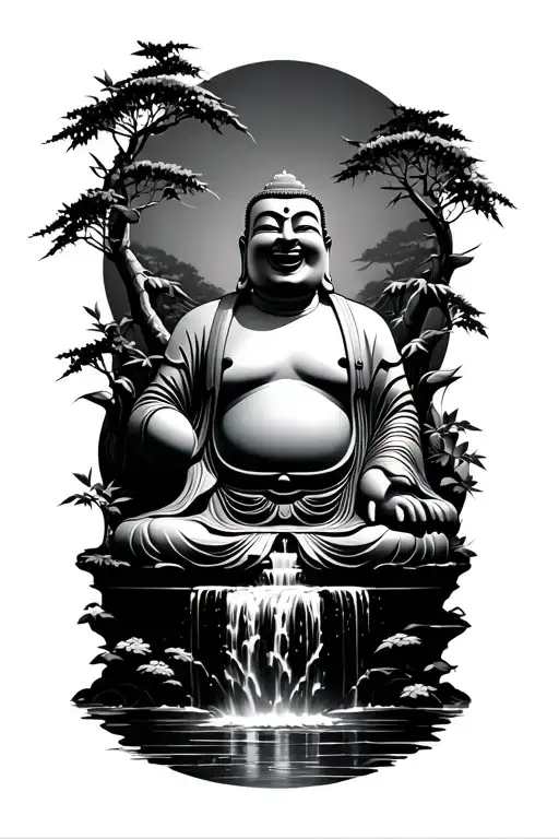 laughing buddha with waterfall and bamboo trees growing tattoo design idea