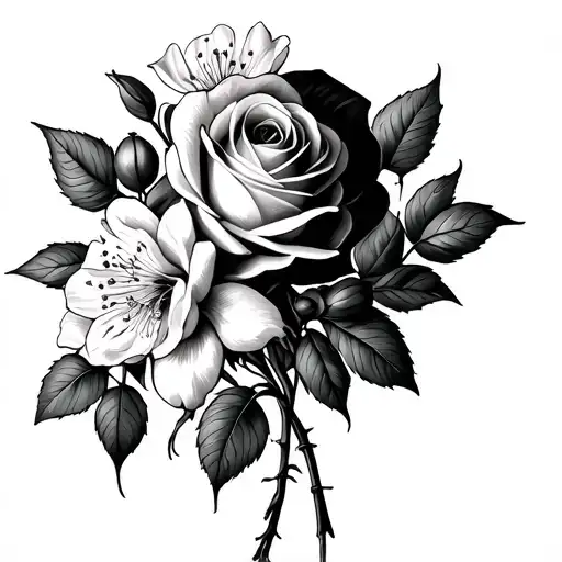 Honeysuckle, rose, paperwhite, and mistletoe bouquet tattoo with fine lines  tattoo design idea