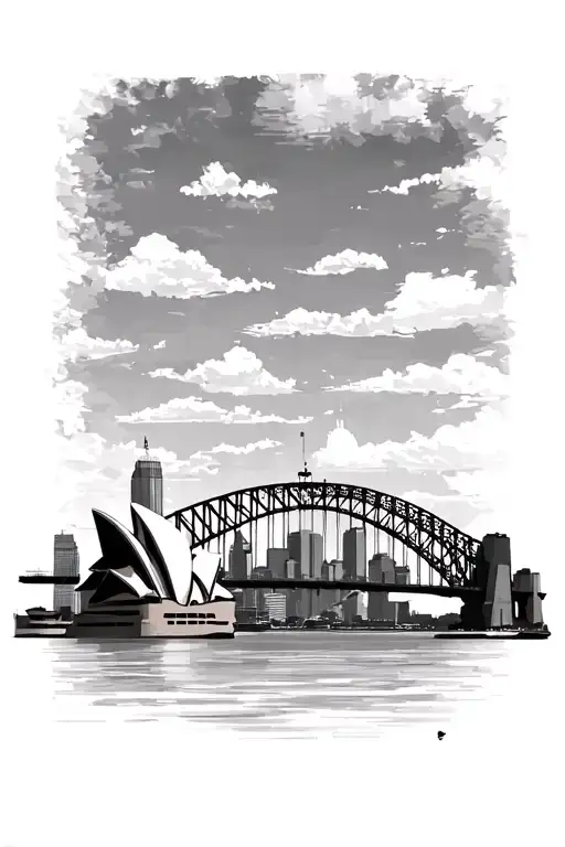 sydney city sky line with harbour bridge and opera house infront of the skyline tattoo design idea