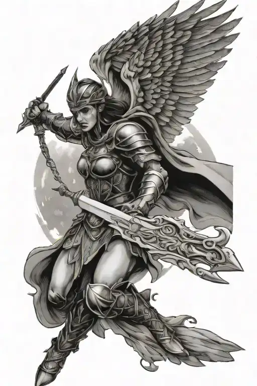 Valkyrie flying into battle Sword tattoo design idea
