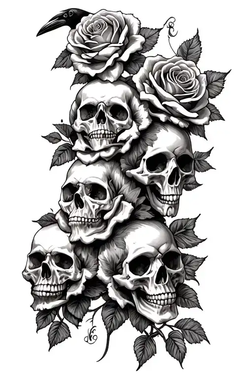 roses and skulls representing dark periods add in a crow tattoo design idea