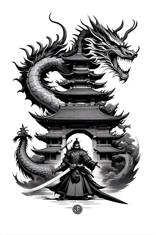 Asian dragon guarding pagoda temple with samurai warrior at bottom wielding sword tattoo design idea