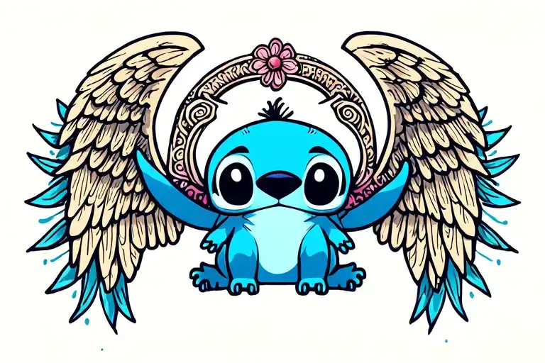 stich, scrump, angel pucture wirh Ohana written tattoo design idea