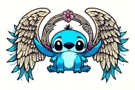 stich, scrump, angel pucture wirh Ohana written tattoo design idea