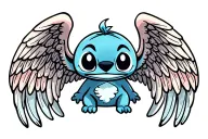 stich, scrump, angel pucture wirh Ohana written tattoo design idea