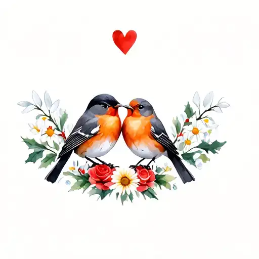 2 robin bird together symbolizing love black grey and orange with snowdrop, holly, roses, daisies, narcissus, daffodils  tattoo design idea