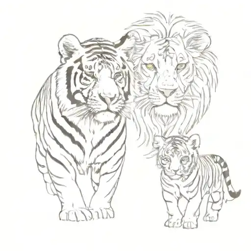 Make a tiger and a lioness with a lion cub looking at each other tattoo design idea