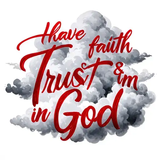 clouds red and black and saying "have faith & trust in God" faith, trust, God in red cursive graphite writing  tattoo design idea