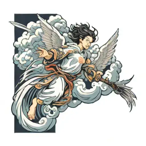 angel surrounded by clouds, leaving earth and looking back to you tattoo design idea