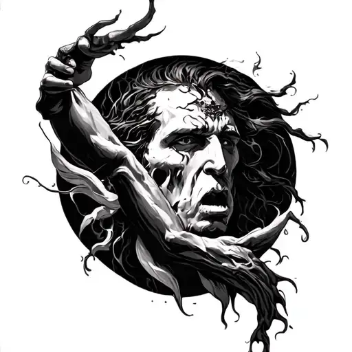 the battle for deliverance, the egos conflict with the shadow, primitive man's struggle to acheive consciousness tattoo design idea